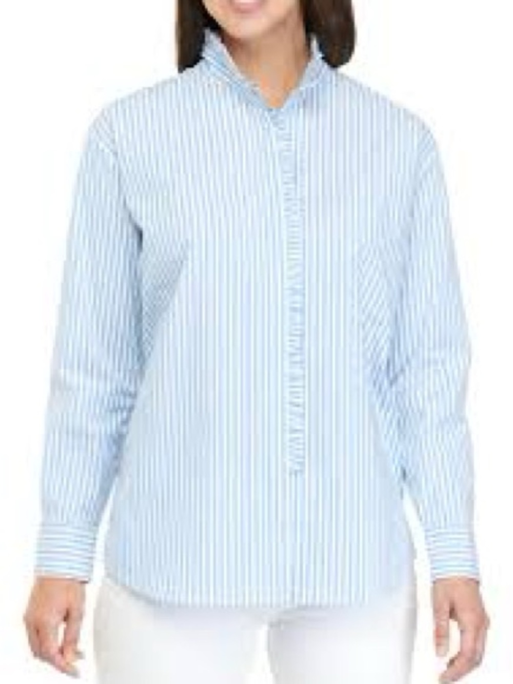 CROWN & IVY STRIPE RUFFLE TRIM POPLIN SHIRT BLUE WHITE‎ XL